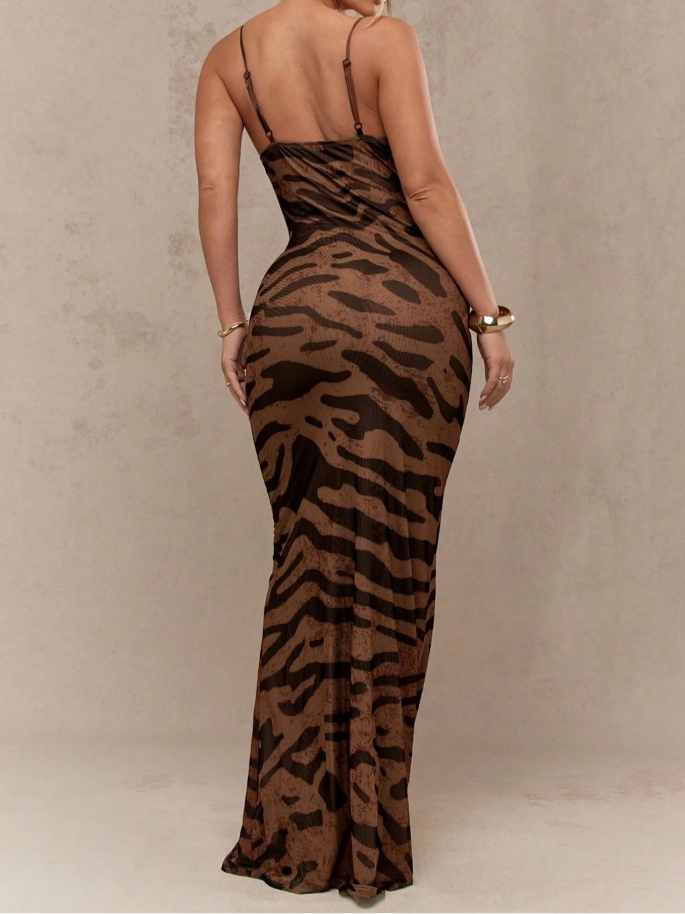 Mesh Animal-Print Slip Dress - Brown Combo - Picture 2 of 4